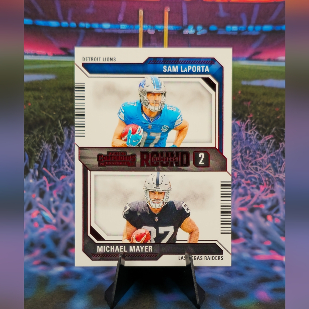 2023 Panini Contenders Sam LaPorta Michael Mayer Round 2 Numbers Rookie RED FOIL